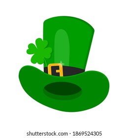 Saint Patrick Day leprechaun green hat with shamrock clover four leaf lucky icon flat style design vector illustration isolated on white background.