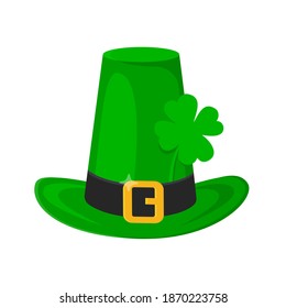 Saint Patrick Day leprechaun green hat with shamrock clover four leaf lucky icon flat style design vector illustration isolated on white background.