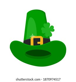 Saint Patrick Day leprechaun green hat with shamrock clover four leaf lucky icon flat style design vector illustration isolated on white background.