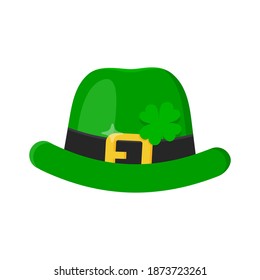 Saint Patrick Day leprechaun green hat with shamrock clover four leaf lucky icon flat style design vector illustration isolated on white background.