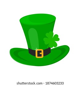 Saint Patrick Day leprechaun green hat with shamrock clover leaf icon flat style design vector illustration isolated on white background.