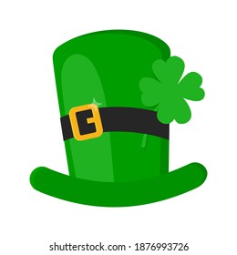 Saint Patrick Day leprechaun green hat with shamrock clover four leaf lucky icon flat style design vector illustration isolated on white background.
