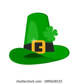 Saint Patrick Day leprechaun green hat with shamrock clover four leaf lucky icon flat style design vector illustration isolated on white background.