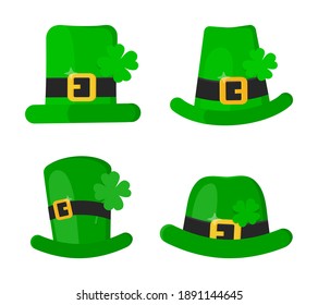St. Patrick Day leprechaun grüner Hut mit Shamrock-Klee vier Blatt Glück Symbol flach Design Vektorgrafik einzeln auf weißem Hintergrund.