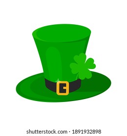 Saint Patrick Day leprechaun green hat with shamrock clover four leaf lucky icon flat style design vector illustration isolated on white background.