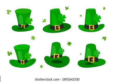 Saint Patrick Day leprechaun green hat set with shamrock clover four leaf lucky icon flat style design vector illustration isolated on white background.
