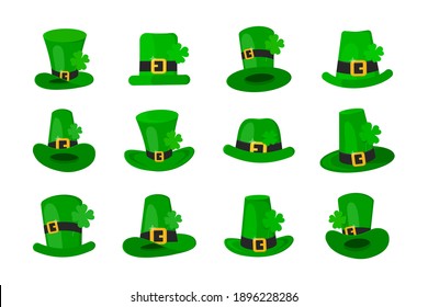 Saint Patrick Day leprechaun green hat set with shamrock clover four leaf lucky icon flat style design vector illustration isolated on white background.