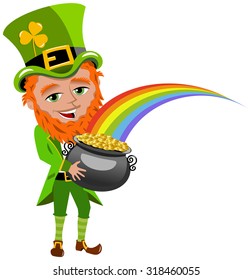 Saint Patrick Day Leprechaun Holding Pot of Gold Isolated