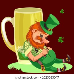 Saint patrick day leprechaun with mug of green beer, glass full alcohol ale, drunk man sleeping cylinder with celtic irish symbol of luck shamrock leaf, cartoon elf isolated on white vector