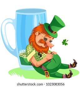 Saint patrick day leprechaun with mug of green beer, glass full alcohol ale, drunk man cylinder with celtic irish symbol of luck shamrock leaf, cartoon elf isolated on white vector illustration
