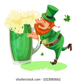Saint patrick day leprechaun with mug of green beer, glass full alcohol ale, drunk man cylinder with celtic irish symbol of luck shamrock leaf, cartoon elf isolated on white vector illustration