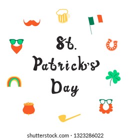 Saint Patrick Day lettering decoration with mug of beer and cloverleaf,   glasses, beards, mustache, Irish flag, horseshoe and rainbow, pot of gold coins, smoking pipe. Vector illustration