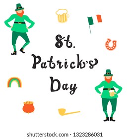 Saint Patrick Day lettering with flat leprechauns and mug of beer and Irish flag, horseshoe and rainbow, pot of gold coins, smoking pipe. Vector illustration