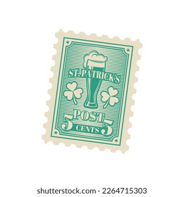 Saint Patrick day mail antique postcard postage stamp. Saint Patrick day celebration greeting card, Ireland holiday correspondence letter vector perforated postage stamp with beer glass, clover leaf