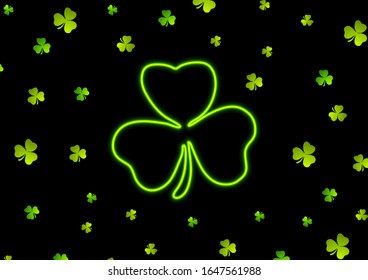 Saint Patrick Day neon clover leaf abstract background. Greeting card vector design