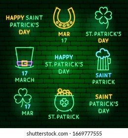 Saint Patrick Day Neon Label Set. Vector Illustration of Holiday Promotion.