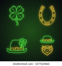 Iconos de luz de neón del Día de San Patricio. Fiesta de San Patricio. Sombrero de bolero, leprechaun, herradura, trébol de cuatro hojas. Mascotas de buena suerte. Signos brillantes. Ilustraciones aisladas de vectores