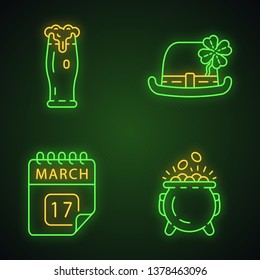 Saint Patrick Day neon light icons set. Feast of St. Patrick. Glass of ale, bowler hat with four leaf clover, March 17 calendar date, pot of gold. Glowing signs. Vector isolated illustrations
