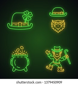 Saint Patrick Day neon light icons set. Feast of St. Patrick. Leprechauns, bowler hat with four leaf clover, pot of gold. Glowing signs. Vector isolated illustrations