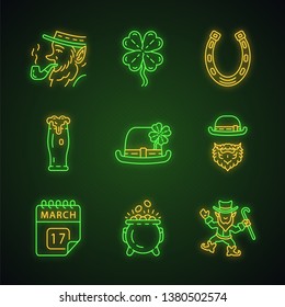 Saint Patrick Day neon light icons set. March 17. Feast of St. Patrick. Glowing signs. Vector isolated illustrations