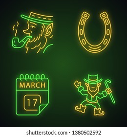 Saint Patrick Day neon light icons set. Feast of St. Patrick. Leprechauns, horseshoe, March 17 calendar date. Glowing signs. Vector isolated illustrations