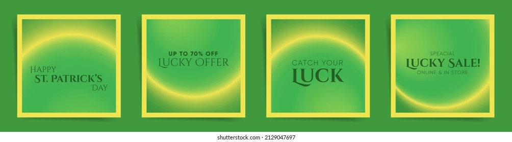 Saint Patrick Day neon modern art square cover design. Social media square post template with blurry laser gradient. Circular radial gradient layout design set for lucky sale posts, banners. Vector.	