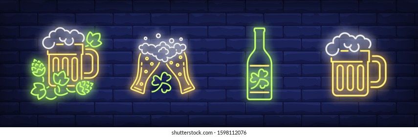 Saint Patrick day neon sign set. Beer glass, pint, bottle, clover. Vector illustration in neon style, bright banner for topics like bar, pub, celebration, Ireland