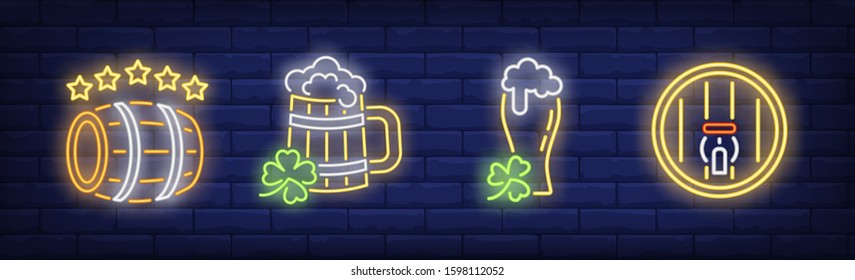 Saint Patrick day party neon sign set. Beer glass, pint, barrel, clover. Vector illustration in neon style, bright banner for topics like bar, holiday, celebration, march