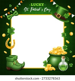 Saint Patrick Day Photo Frame Template with Leprechaun Hat Pot of Gold and Irish Symbols