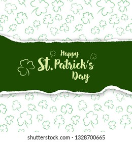 Saint Patrick Day poster. Greetings card with clover shapes and lettering. Vector illustration forweb site, shop, magazine promotion, advertising.