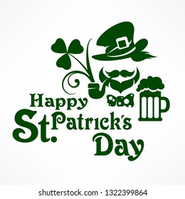 Saint Patrick Day poster with leprechaun, beer, clover and inscription text. Irish holiday design on white. Vector illustration.