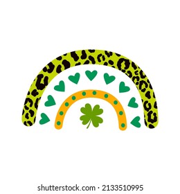Saint Patrick day rainbow with hearts and leopard print. Feeling lucky Saint Patricks day clipart with shamrock leaf decor.