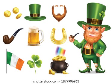 Saint patrick day realistic set of leprechaun in green hat pot with treasures shamrock horseshoe irish flag icons isolated vector illustration