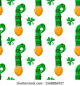 Saint Patrick day seamless pattern kawaii cartoon leprechaun or dwarf in green han, with red beard, shamrock or clover leaves, cute legend character - holiday vector background for wrapping, textile