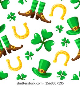 Saint Patrick day seamless pattern - shamrock or clover and green bowler hat, boots, stocking, golden horseshoe for luck, traditional holiday vector background for wrapping, textile, digital paper