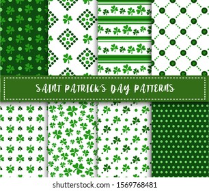Saint Patrick day seamless pattern set - shamrock or clover leaves, abstract ornament, simple shapes and polka dot traditional holiday vector background for wrapping, textile, digital paper