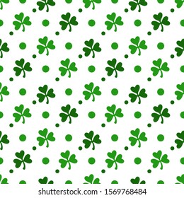 Saint Patrick day seamless pattern - shamrock or clover leaves, abstract ornament, simple shapes and polka dot traditional holiday vector background for wrapping, textile, digital paper