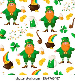 Saint Patrick day seamless pattern - cartoon leprechaun with red beard and beer cup, shamrock, garland, golden coins pot, smoking pipe - holiday vector background for wrapping, textile, digital paper