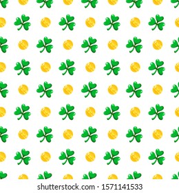 Saint Patrick day seamless pattern - shamrock or clover leaves and gold coins, abstract ornament, simple shapes traditional holiday vector background for wrapping, textile, digital paper