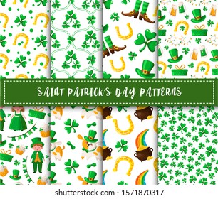 Saint Patrick day seamless pattern set kawaii cartoon boy and girl, shamrock, cute dog in hat, flags, garland, sweet cake, coins, horseshoe, gift box - holiday vector background for wrapping, textile