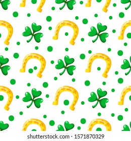 Saint Patrick day seamless pattern - shamrock or clover leaves and golden horseshoe for luck, polka dot ornament, simple traditional holiday vector background for wrapping, textile, digital paper