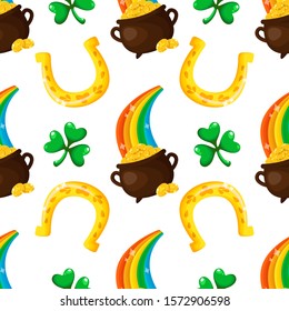 Saint Patrick day seamless pattern - cartoon shamrock, secret treasure of leprechauns, rainbow, golden horseshoe for luck - cute holiday vector background for wrapping, textile, digital paper