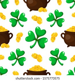 Saint Patrick day seamless pattern - shamrock or clover leaves and gold coins, secret treasure of leprechauns, traditional holiday cartoon vector background for wrapping, textile, digital paper