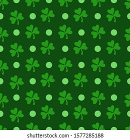 Saint Patrick day seamless pattern - shamrock or clover leaves, abstract ornament, simple shapes and polka dot traditional holiday vector background for wrapping, textile, digital paper