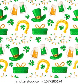 Saint Patrick day seamless pattern - cartoon shamrock or clover, lights garland, gift box, beer cup, bowler hat and golden horseshoe - holiday vector background for wrapping, textile, digital paper