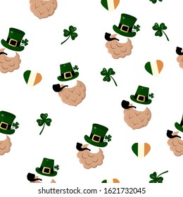 Saint Patrick Day seamless pattern with irish hat, beard and pipe, leprechaun and clover leaf. Holiday background with shamrock.