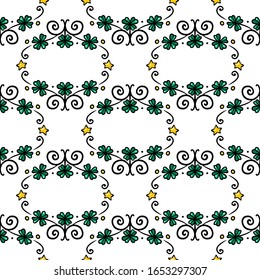 Saint Patrick day seamless pattern - shamrock or clover leaves and stars, abstract floral ornament, simple shapes traditional holiday vector background for wrapping, textile, digital paper