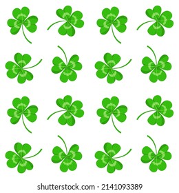 Saint Patrick day seamless pattern with clover leaves on white background. Vector ornament for traditional Irish holiday with trefoils leaves. Texture with shamrock