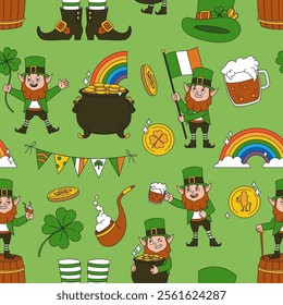 Saint patrick day seamless pattern. Irish beer festival elements, leprechauns drinking and having fun, clover, gold coins, textile, wrapping, wallpaper. Print for fabric tidy vector background