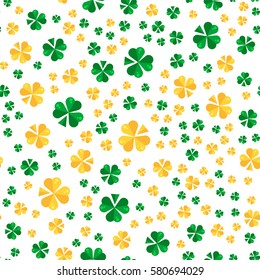 Saint Patrick day seamless pattern design. La Fheile Padraig holiday background. Irish green and golden colors shamrock or clover backdrop for wrapping paper, apparel, textile, clothing, etc.